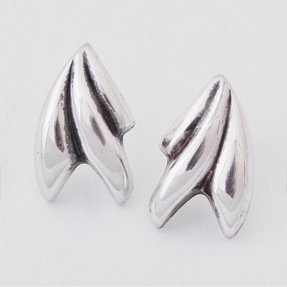 Vintage Sterling Silver Stud Earrings Ribbed Modernist Large Statement Studs - Picture 2 of 3